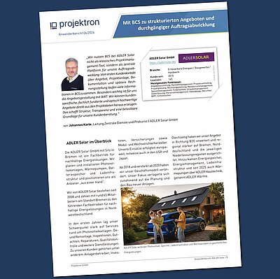 Cover page of the ADLER Solar case study about using BCS for proposal creation, documentation, and order processing.