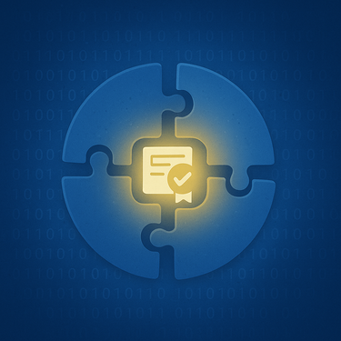 Zertifizierung als Baustein im Projektmanagement Symbolgrafik mit einem Zertifikat-Icon im Zentrum eines Kreises aus miteinander verbundenen Puzzleteilen.