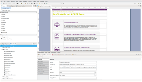 Individuell gestaltete Angebotsunterlagen für PV-Anlagen im B2C-Bereich, erzeugt auf Basis strukturierter Daten aus BCS. Screenshot eines Report-Designers für ADLER-Solar-Angebotsunterlagen; auf Basis strukturierter Daten aus BCS werden individuelle Angebote für Photovoltaikanlagen im B2C-Bereich gestaltet.
