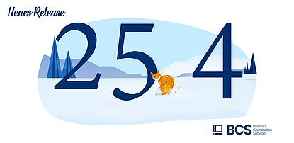 BCS 25.4: Titelbild Winter mit Fuchs: Kostendiagramm, Meilensteinverlauf, Kanbanboard und Ticketauswertung