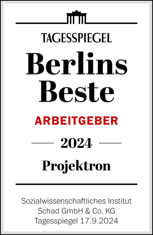 Projektron wurde vom Tagesspiegel in der Studie „Berlins Beste: Arbeitgeber und Ausbildungsbetriebe 2024“ als einer der besten Arbeitgeber der Hauptstadt ausgezeichnet.