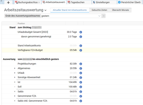 BCS Screenshot zeigt, wie Mitarbeiter Arbeitszeiten und Abwesenheiten erfassen und verwalten. 