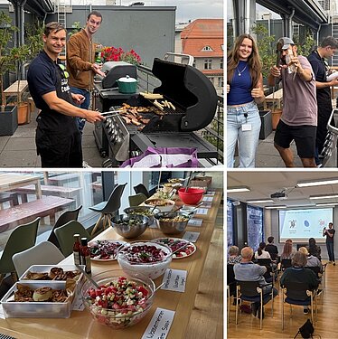 Collage vom Familientreffen bei Projektron mit Vortrag im Büro, Spezialitäten vom Grill und Salatbuffet auf den Dachterrassen.