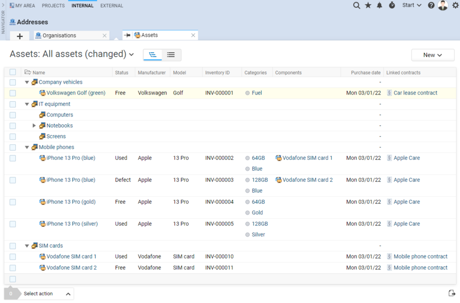 Screenshot of asset management in Projektron BCS