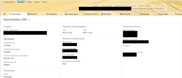 Screenshot of the Projektron BCS master data mask with project currency in US dollars, used by Kemény Boehme Consultants SE.