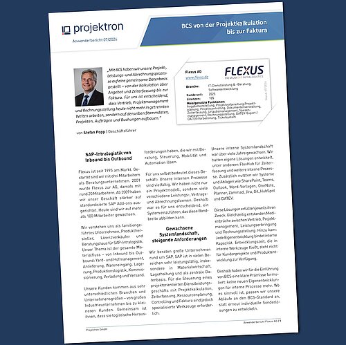 Startseite des Anwenderberichts der Flexus AG: Der Bericht zeigt, wie Flexus BCS als zentrale Plattform für Projektkalkulation, Angebotserstellung, Zeiterfassung, Projektsteuerung und Rechnungsstellung einsetzt.