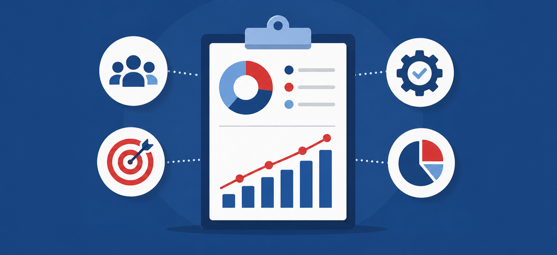 Article image for PMO software: central analytics, goal alignment, team and governance aspects, and portfolio reporting are brought together in one shared management view. Illustration of a dashboard with charts, metrics, and icons for team, goals, governance, and portfolio as a representation of PMO software and project portfolio management.