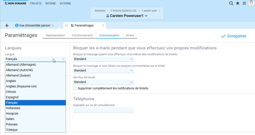 Capture d'écran du choix de la langue dans Projektron BCS avec un choix de dix versions linguistiques.
