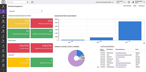 Screenshot der Kundenmanagement-Übersicht in Haufe X360 mit Kundendaten, Projekten und Rechnungsinformationen.