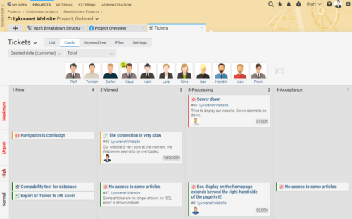 Kanban board view of the ticket system in Projektron BCS.