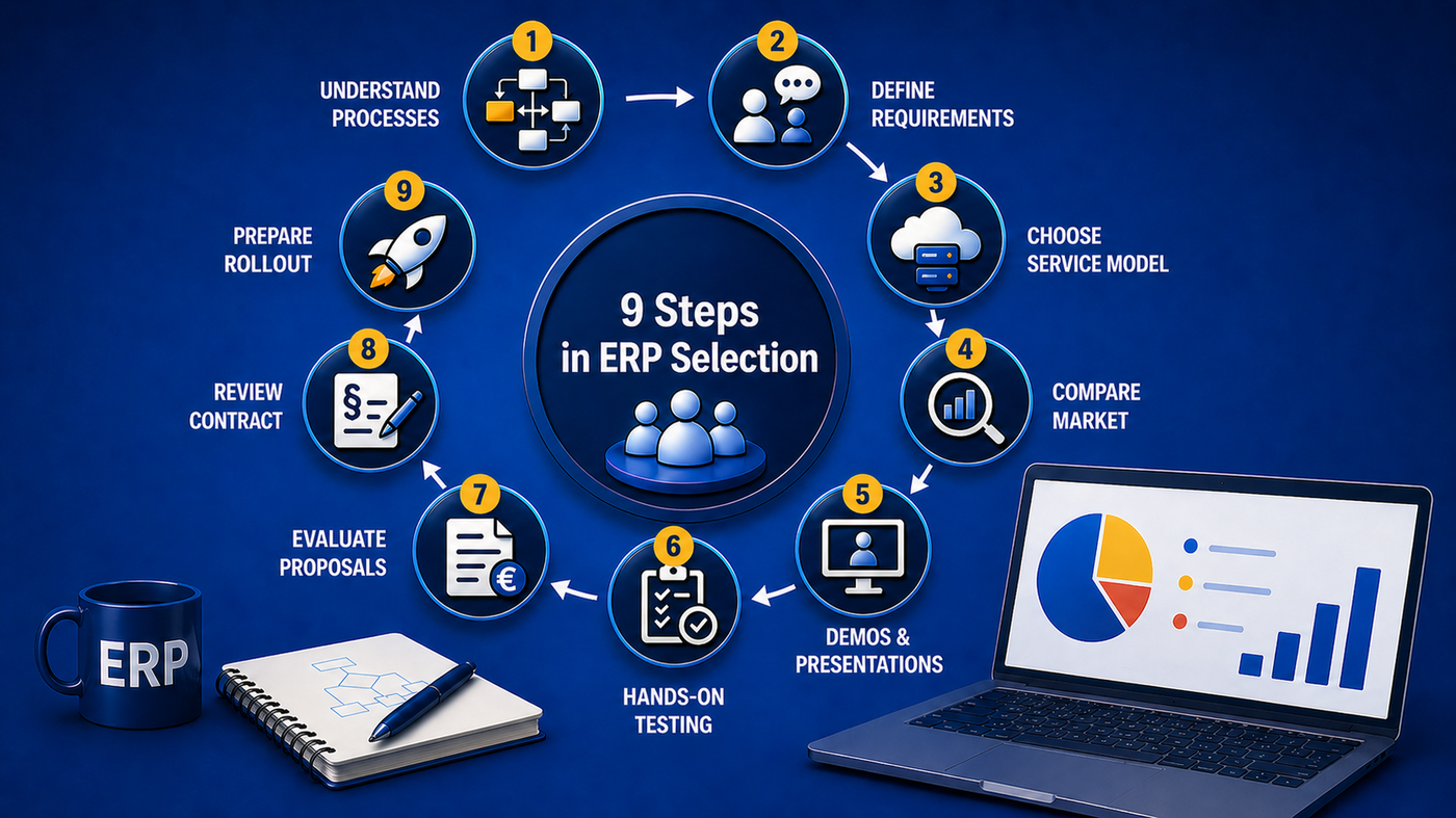 Infographic with nine numbered steps for ERP selection, including understand processes, define requirements, compare market, hands-on testing, review contract, and prepare rollout.