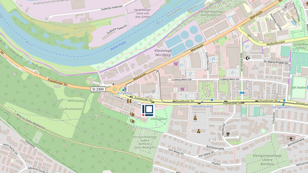 Our office at Frankfurter Straße 87, 97082 Würzburg, is located in Building 14 (Atelierhaus) on the former Bürgerbräu brewery grounds. Click the map to open the external map view. Location of Projektron’s Würzburg office at Frankfurter Straße 87, Building 14 – open external map