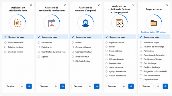 Sélection d’assistants BCS pour créer des devis, des rendez-vous, des employés, des factures et des projets.