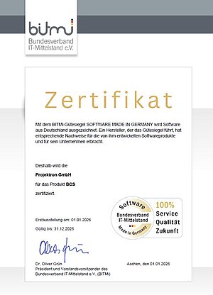 Zertifikat Software Made in Germany 2026 des Bundesverbands IT-Mittelstand für BCS von Projektron – ausgezeichnet für 100 % Service, Qualität und Zukunft.