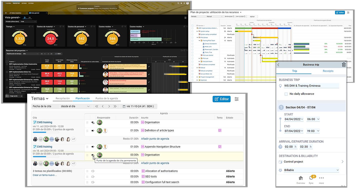 Collage de capturas de pantalla con las funciones principales del software ERP Projektron BCS: visión general de proyectos, registro de horas, módulo de facturación y planificación de recursos en un solo sistema para proveedores de servicios.