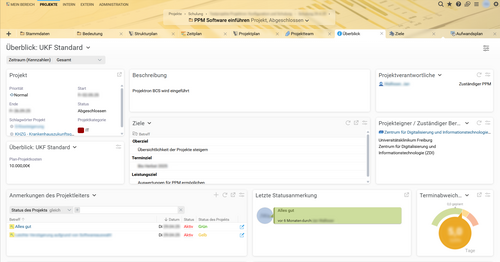 Dashboard-Ansicht des BCS-Projektüberblicks mit Meilensteinen und Risikoanzeige am Universitätsklinikum Freiburg