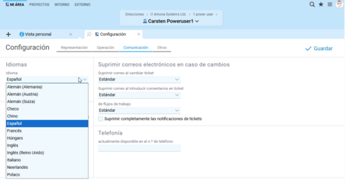Captura de pantalla de la selección de idiomas en Projektron BCS con la posibilidad de elegir entre diez versiones lingüísticas.