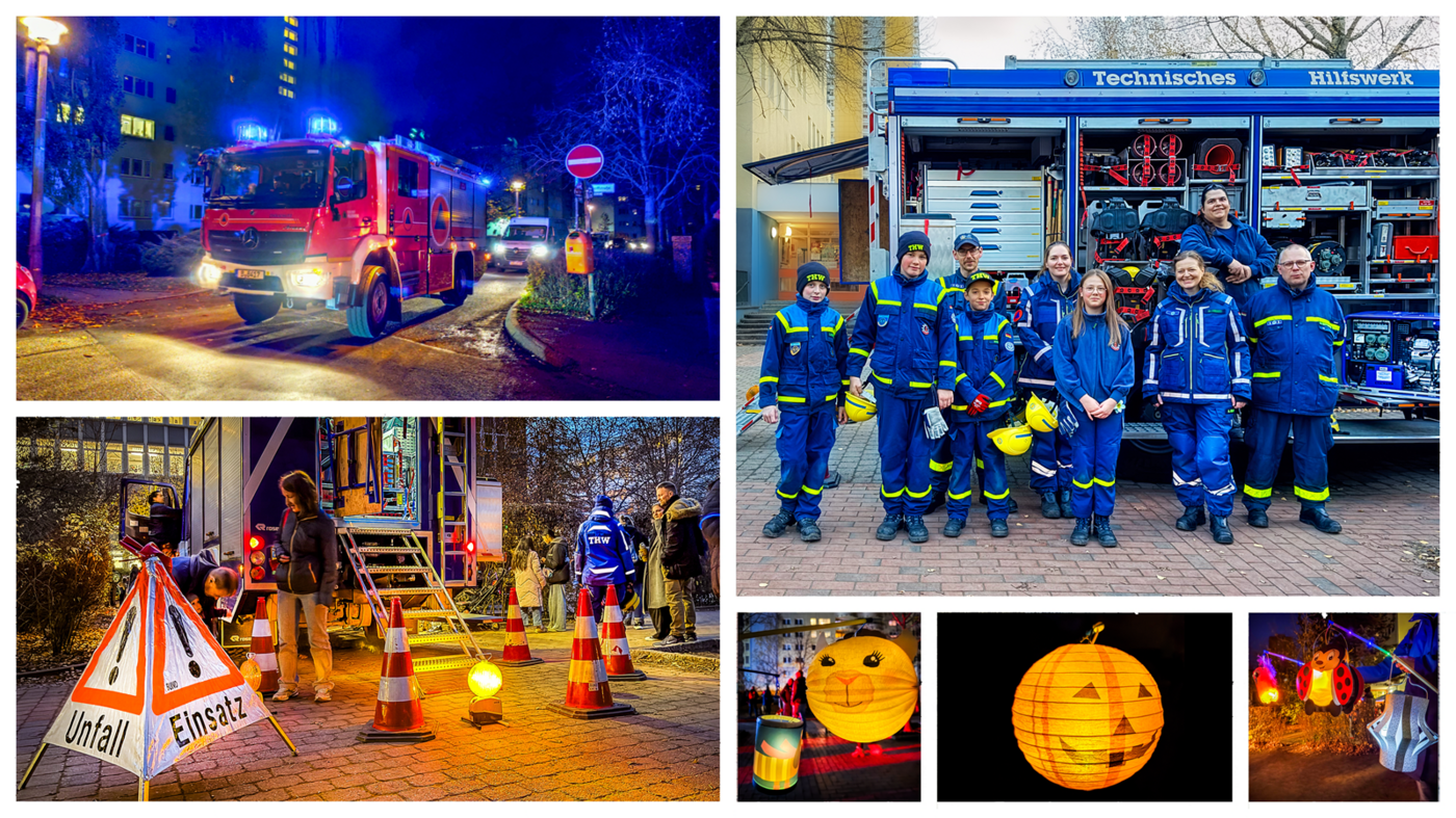 Collage of a Projektron employee supporting a lantern parade at an elementary school.