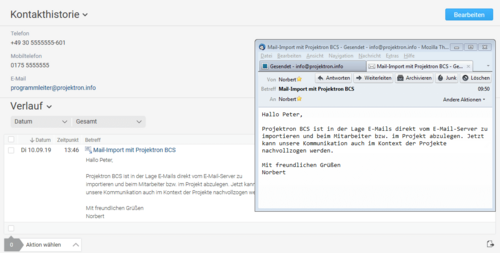 For quick results: Projektron BCS automatically assigns imported emails to people and projects