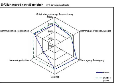 [Translate to Englisch:] Netzdiagramm zum Erfüllungsgrad in Prozent der möglichen Punkte (Foto: B. & S.U. Beratungs- und Service-Gesellschaft Umwelt mbH)