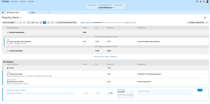 Máscara de registro semanal en Projektron BCS para el registro flexible y ergonómico de presencias y salas de tiempo de trabajo para proyectos.