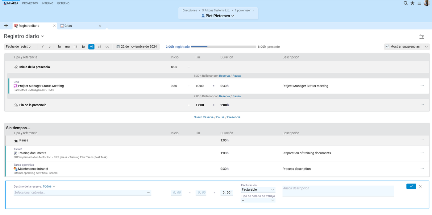 Registrar el tiempo de forma eficiente y sencilla: La contabilización diaria en BCS permite registrar el tiempo de forma sencilla y relacionada con el proyecto, de forma personalizada y clara. Máscara de registro semanal en BCS para el registro flexible y ergonómico de presencias y salas de tiempo de trabajo para proyectos.
