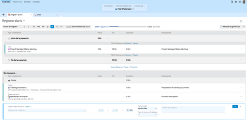 Máscara de registro semanal en Projektron BCS para el registro flexible y ergonómico de presencias y salas de tiempo de trabajo para proyectos.