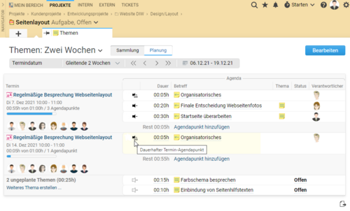 Projektron BCS 21.3: Der Projektleiter wählt Schwerpunkte seiner Agenda für nächste Meetings aus dem Themenspeicher einer Aufgabe am Projekt