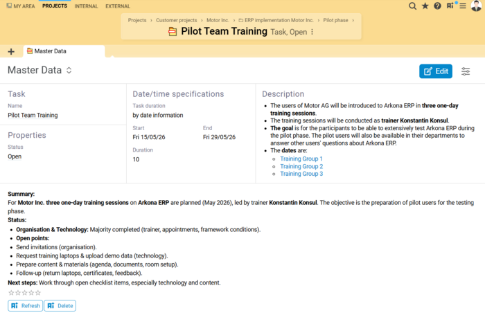 Screenshot of the BCS AI Assistant with automatic task summary and integrated chat function.