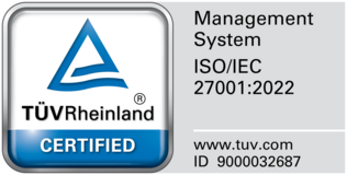 TÜV Rheinland Zertifikat für Projektron gemäß ISO/IEC 27001:2022 – geprüfte Informationssicherheit.