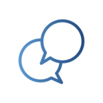 Zwei überlappende Sprechblasen stehen für Dialog, Austausch und Nutzerfeedback. Zwei Sprechblasen als Symbol für Kommunikation, Feedback und offenen Dialog.