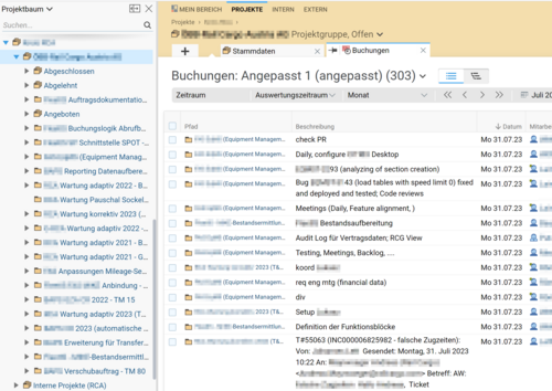 Une capture d'écran BCS montre les enregistrements de projets. 