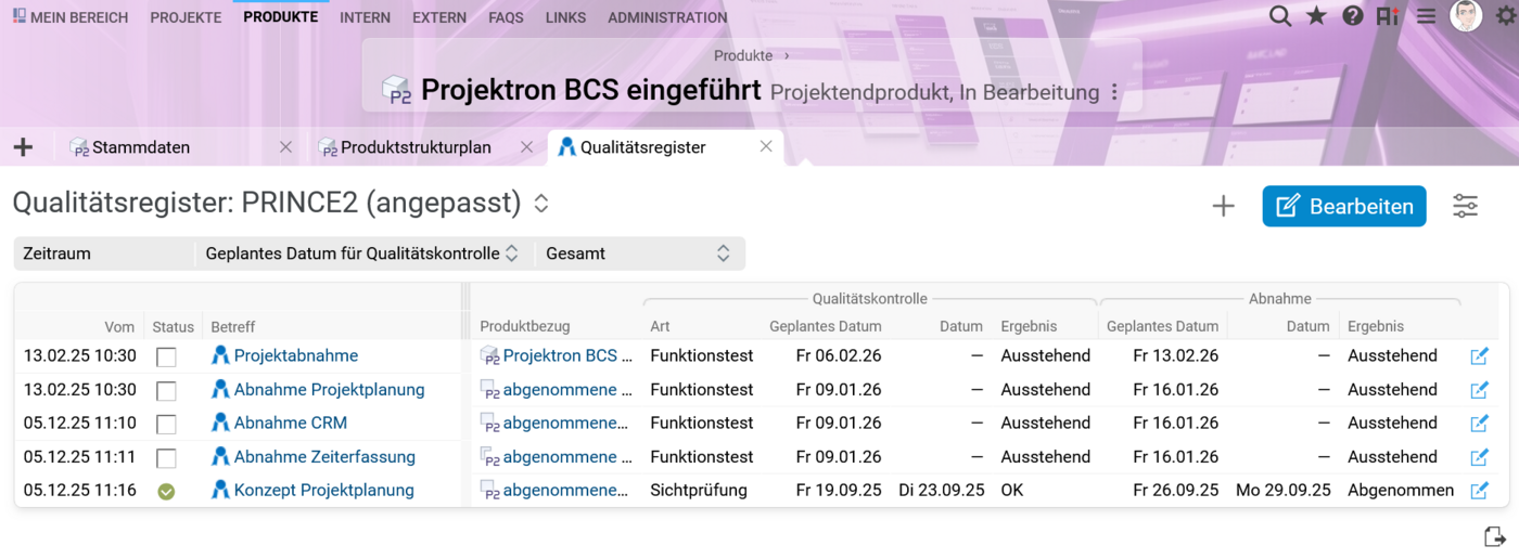 Screenshot des PRINCE2 Qualitätsregisters in BCS.