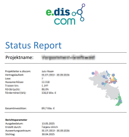 Maßgeschneiderter Statusbericht im Corporate Design von e.discom mit projektspezifischen Kennzahlen. Screenshot eines Statusberichts in Projektron BCS, angepasst an das Corporate Design und die Anforderungen von e.discom.