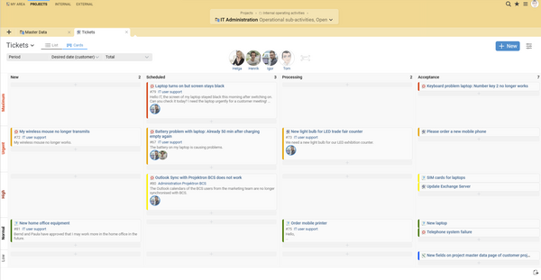 BCS as Kanban software: tickets with different priorities and processing statuses.
