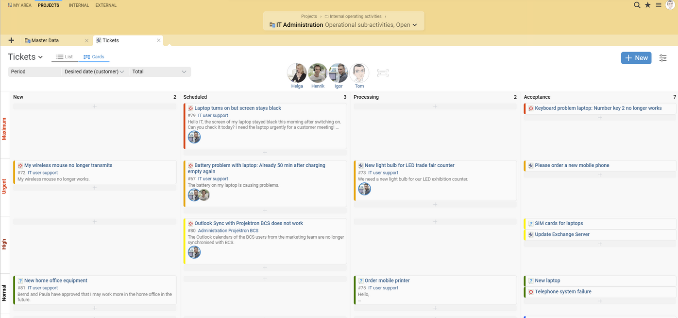 Projektron BCS as Kanban software: tickets with different priorities and processing statuses.