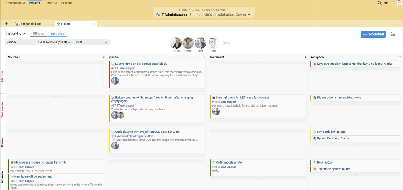 Projektron BCS comme logiciel Kanban : tickets de différentes priorités et avec différents niveaux de traitement.