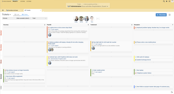 BCS comme logiciel Kanban : tickets de différentes priorités et avec différents niveaux de traitement.