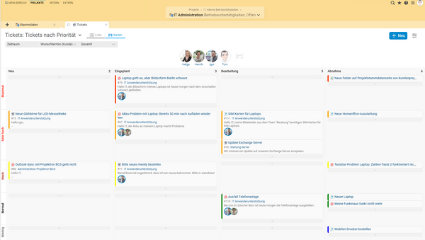 BCS als Kanban Software: Tickets verschiedener Priorisierung und mit unterschiedlichen Bearbeitungsständen.