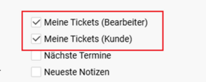 Über angepasste Ansichten wie „Meine Tickets“ behalten Bearbeiter und Kunden ihre relevanten Reklamationstickets im Blick. Screenshot einer BCS-Auswahl mit aktivierten Optionen „Meine Tickets (Bearbeiter)“ und „Meine Tickets (Kunde)“.