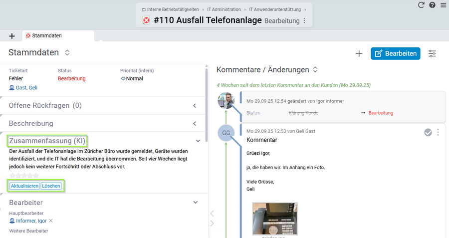Die neue KI-Funktion in Projektron BCS 25.3 erstellt automatisch eine übersichtliche Ticketzusammenfassung mit allen relevanten Informationen zu Inhalt, Fortschritt und Historie – direkt im System und datenschutzkonform verarbeitet auf EU-Servern. Screenshot der KI-generierten Ticketzusammenfassung in Projektron BCS 25.3 mit kompaktem Überblick zu Ticketinhalt, Bearbeitungsstand und Historie.