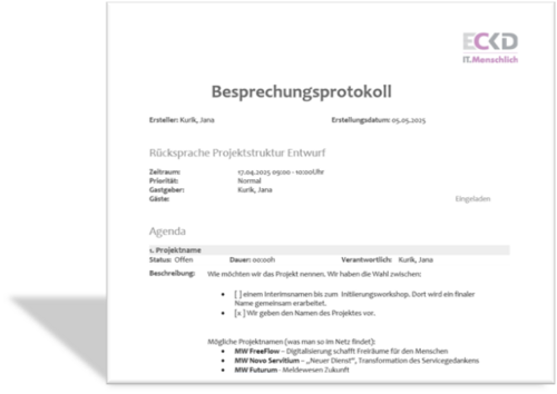 Screenshot eines automatisch generierten Besprechungsprotokolls aus Projektron BCS mit dem BIRT-Berichtsdesigner im Corporate Design der ECKD.