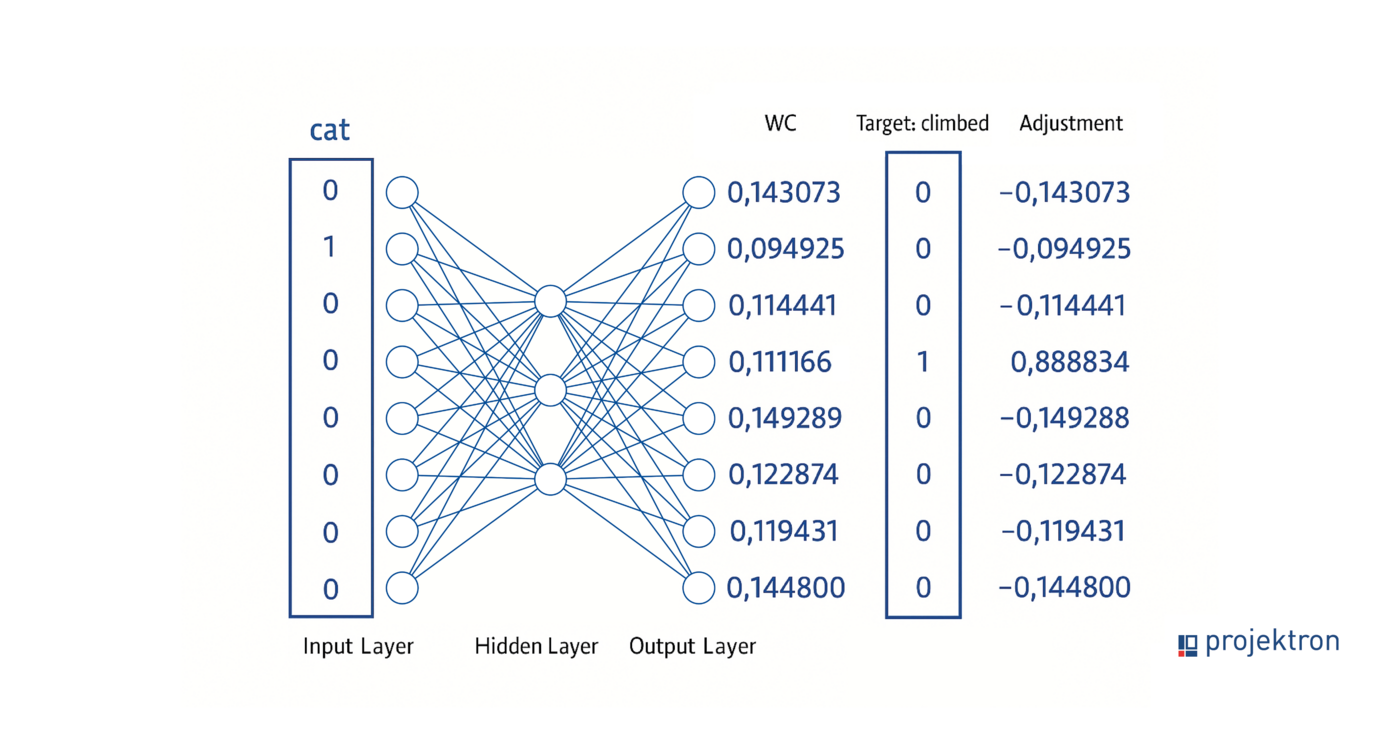 [Translate to Englisch:] Illustration of neural network training: Input token „cat“ in one-hot encoding, three layers of the network (input layer, hidden layer, output layer), weight coefficient (WC), target word „climbed“ as one-hot vector, and column for weight adjustment in backpropagation.