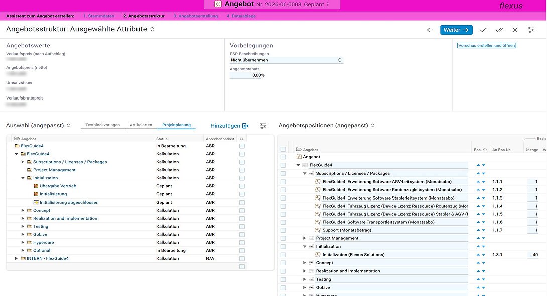 Screenshot der BCS-Angebotsstruktur mit Projektplanung links und Angebotspositionen rechts.