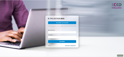 Login-Bildschirm der Projektmanagement-Software BCS, individuell im ECKD-Corporate-Design gestaltet.
