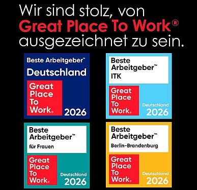 Vier Great Place to Work 2026 Auszeichnungssiegel für Projektron als einer der besten Arbeitgeber in Deutschland, ITK, Berlin-Brandenburg und für Frauen