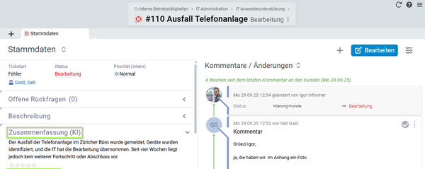 KI-Ticketzusammenfassung in BCS mit komprimierten Informationen zu Anliegen, Bearbeitungsstand und bisherigem Ticketverlauf.
