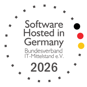 Logo of the Software Hosted in Germany 2026 award from the German Federal Association of IT SMEs – awarded to BCS from Projektron for hosting, data security, and sustainability