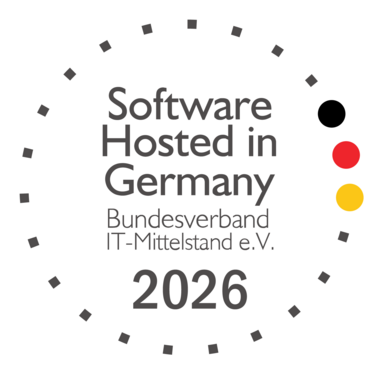 Logo der Auszeichnung Software Hosted in Germany 2026 des Bundesverbands IT-Mittelstand – verliehen an BCS von Projektron für Hosting, Datensicherheit und Zukunftsfähigkeit