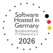 Logo of the Software Hosted in Germany 2026 award from the German Federal Association of IT SMEs – awarded to BCS from Projektron for hosting, data security, and sustainability